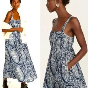 J. Crew Paisley Floral Midi Dress Ruched Bodice Cotton Poplin Sundress Sz 10